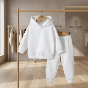 ชุดวอร์มเด็กแบบมีฮู้ดสีขาวสำหรับฤดูหนาว 2-in-1 ผ้าฝ้าย 100% เสื้อสเวตเชิ้ตและกางเกงจ็อกเกอร์แบบสองชิ้น ชุดลำลองสีพื้น - Product Image 4