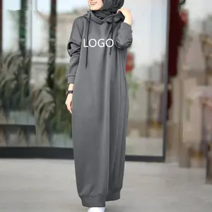 Customize Women's Sweatshirt Dress 2022 Winter Muslim Hoodies Long Sleeve Maxi Dress Female Casual Solid Hooded Vestidos Robe