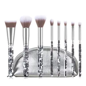 Set Kuas Makeup Gagang Pasir Apung Berkilau Profesional 8 Buah Kuas Rias Akrilik Kristal Perak dengan Tas
