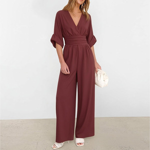 Suzhou <span class=keywords><strong>VIVA</strong></span> VIXEN 2026 Mono casual de mujer con cuello en <span class=keywords><strong>V</strong></span> profundo, manga kimono, cintura ajustada y pierna ancha - Product Image 2