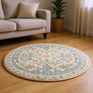 Alfombra Redonda Boho Floral Crema Beige con Mechones, Base de Espuma, 100% Poliéster, Lavable, Antideslizante, Decoración para el Hogar - Product Image 2