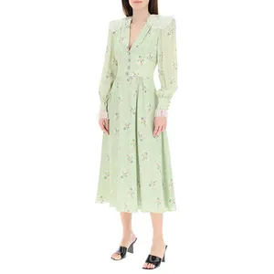 Женское винтажное платье миди из 100% хлопка с длинным рукавом и цветочным принтом