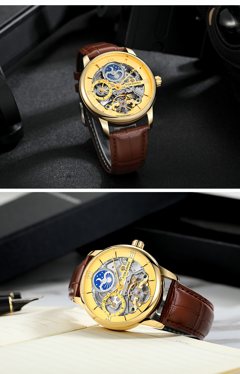 Forsining 8217 Design Hollow Engraving Black Gold Case Leather Skeleton Mechanical Watches Men Luxury Brand Heren Horloge