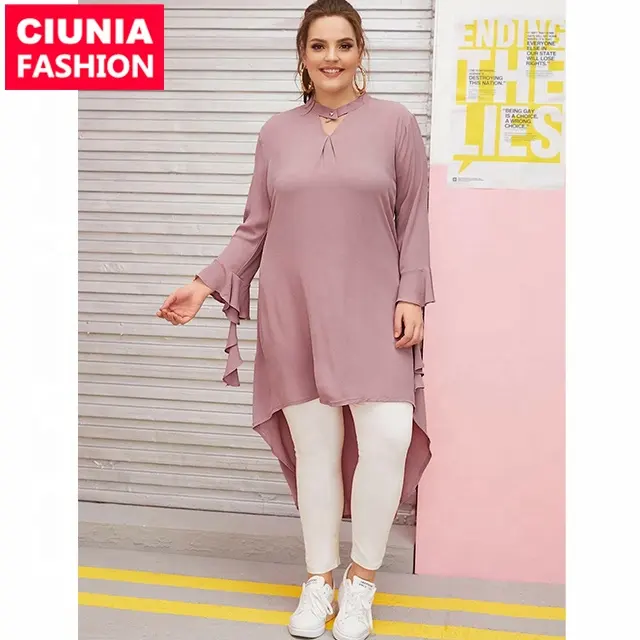 6002 # Mooie Dusty Roze Jurk Chiffon Lange Mouwen Plus Size Vrouwen Kleding Shirts Tops En Blouses Voor Dames