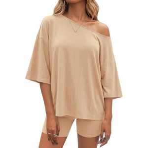 Fisoew Womens 2 Piece Lounge Set Summer Oversized T Shirt Biker Shorts Casual <b>Matching</b> Outfit Breathable Asymmetrical Collar - Product Image 1