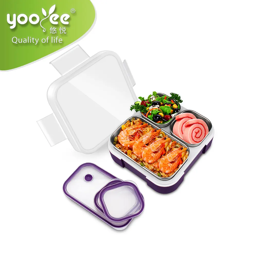 China Custom Plastic 304 Edelstahl Potlock Lebensmittel verpackung 3 Fächer Beheizte Bento Leak proof LunchBox