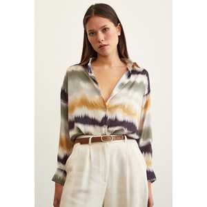 Camisa de Satén con Estampado de Acuarela para Mujer, Blusa Casual con Botones para Uso Diario, Color Caqui - Product Image 6