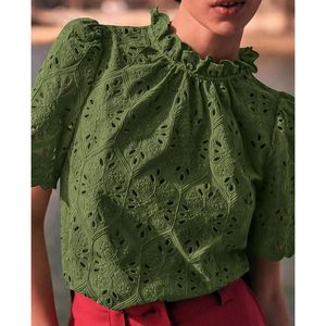 Blusa Verde Bordada con Ojales para Mujer, Manga Corta, Manga Abullonada, Cuello con Volantes, Top Casual de Primavera Verano, Capa Transparente de Encaje - Product Image 4