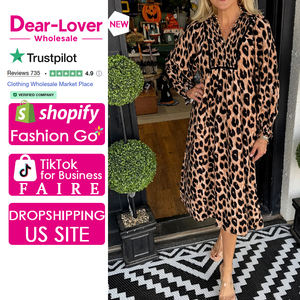 Dear-Lover Abito Midi Elegante Casual con Maniche Lunghe, Stampa Leopardata e Dettaglio Arricciato, Vendita all'Ingrosso - Product Image 1