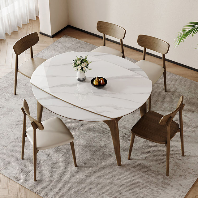 2026 Factory Sintered Stone Round Extendable Wood Dining Table Dining Extendable Table Rotating Ceramic Top Table Mechanism