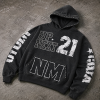 Sweat à capuche homme personnalisé avec logo, strass, style streetwear oversize, imprimé graphique, épaules tombantes, effet délavé vintage, Y2K