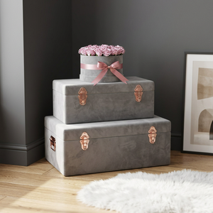 Modern Grey Velvet Clothing <b>Storage</b> <b>Trunk</b> Decorative Fabric Suitcase <b>Box</b> Rose Gold Latch Home Organizer Chest 10kg Capacity 35L - Product Image 5