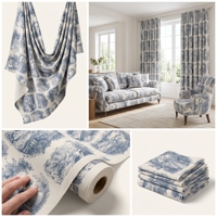 Tissu en toile de style français bleu à motif personnalisé, imprimé Toile de Jouy, pour nappes, tissus d'ameublement et housses de canapé