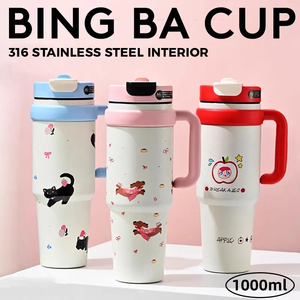 1000ML mignon dessin animé Thermos tasse 316 en acier inoxydable antidérapant poignée paille tasse <span class=keywords><strong>Super</strong></span> grande capacité Thermos tasse - Product Image 2