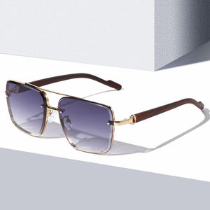 レトロフレームレスメタルスクエアサングラスUV400カスタムロゴ木目調ダブルブリッジパイロットサングラス男女兼用 - Product Image 1