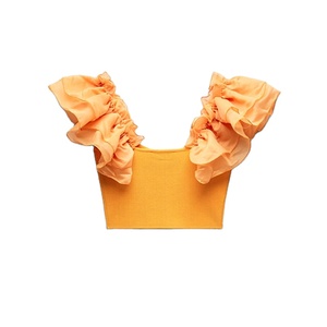<span class=keywords><strong>Top</strong></span> court avec encolure carrée et manches courtes <span class=keywords><strong>Top</strong></span> décontracté en tricot organza avec volants et tissu assorti - Product Image 1