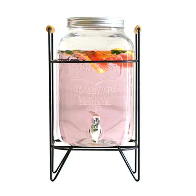 Wholesale Food Grade Clear Glass Beverage Dispenser and Glass Mason Jar with Metal Stand Wood Handle and Faucet