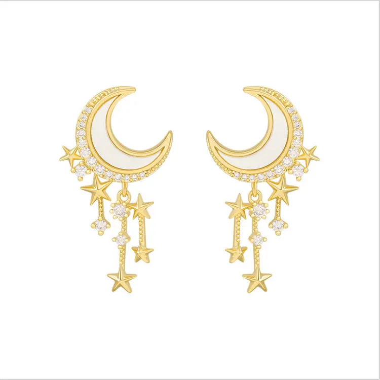 Gold Plated Tiny Crescent Moon Earrings Charm Crystal Dangle Drop Moon Star Earrings