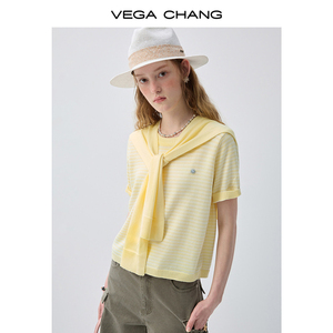 <span class=keywords><strong>Pull</strong></span> en tricot rayé jaune et blanc VEGA CHANG pour femme <span class=keywords><strong>avec</strong></span> châle en tricot intégré et <span class=keywords><strong>manches</strong></span> courtes, style décontracté preppy - Product Image 4
