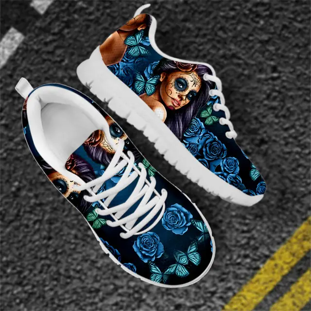 Day of the Dead Sugar Skull Blue Rose Floral Design Women Shoes Sneakers Fashionable Walking, Tennis, Gym, Casual Workout Shoes