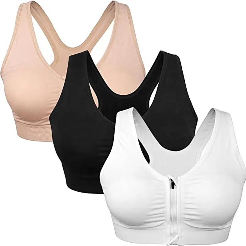 Oem Custom Draadloze Post-Chirurgie Nylon Actieve Yoga Beha Sexy Vrouwen Zip Voorsluiting Lift Push Up Sport bras