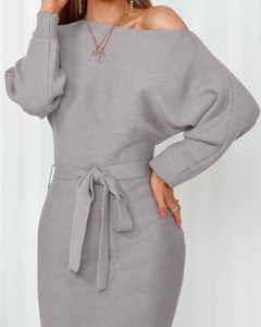 Prix usine Boutique tricots femmes épaule froide tricoté robe moulante avec ceinture élégante rencontre Shopping belle robe pull - Product Image 5