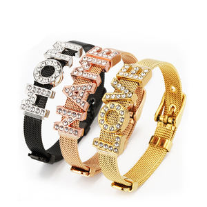 Correa de Reloj de Acero Inoxidable para Mujer, Pulsera de Malla con Encanto de Letras de Zirconia Cúbica, 8mm, Oro, Plata, Rosa, MOM <span class=keywords><strong>LOVE</strong></span> - Product Image 1