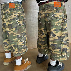 Pantaloncini Cargo da <span class=keywords><strong>Uomo</strong></span> Personalizzati di Alta Qualità, Stile Camouflage con Perle, <span class=keywords><strong>Jeans</strong></span> Casual Vintage a Gamba Larga e Dritta - Product Image 4