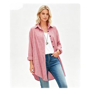 Neue Damenmode Locker Sitzende Leinen-Streifenbluse Lässiges Langarm-Midibluse mit Taschendetail Modischer Pendler-Stil - Product Image 2