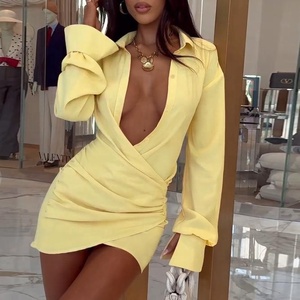 Deep V Neck Pleated Bodycon Personalized Office Women's <strong>Custom</strong> Workwear <strong>Dresses</strong> Accept <strong>Custom</strong> Mini <strong>Dress</strong> Made-to-Order Service - Product Image 1