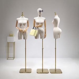 Maniquí de Medio Cuerpo Femenino de Tela de Lino <span class=keywords><strong>con</strong></span> <span class=keywords><strong>Brazos</strong></span> <span class=keywords><strong>Articulados</strong></span> de Madera y Base Dorada para Exhibición en Tiendas de Ropa - Product Image 2