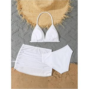 Ensemble de bikini 3 pièces pour filles, haut de bikini triangle à bretelles, taille haute avec jupe de plage, maillot de bain extensible en spandex et polyester - Product Image 2