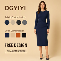 Robe fourreau mi-longue à col rond et manches longues 240 GSM pour femme, avec ceinture, idéale pour le bureau et les occasions professionnelles, opaque, personnalisable avec logo OEM, vente en gros
