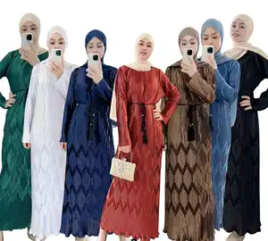 Manufacturer direct sale new design islamic 7colors round neck lace kaftan pleated abaya women muslim dress abaya