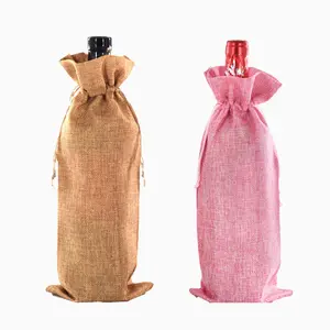 Fabrika Outlet 15*35 cm şampanya şarap paketi çantası jüt şarap büzgülü torba hediye keten şarap şişesi çantası