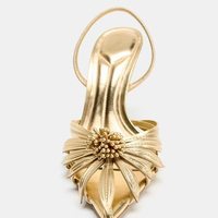 ZA 2026 Nouvelles mules à talons pointus pour femmes, motif fleur dorée, sandales sexy à enfiler pour le printemps