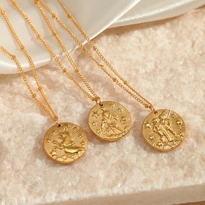 Nouveauté : Collier pendentif <span class=keywords><strong>Horoscope</strong></span> vintage plaqué or 18 carats, unisexe, design gaufré, signes <span class=keywords><strong>du</strong></span> zodiaque, acier inoxydable - Product Image 3
