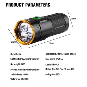 Linterna de Buceo LED Sumergible ASAFEE DA36, 4500 Lúmenes, XHP50, Alta Potencia, para Buceo, Cuerpo de Aleación de Aluminio, Clasificación IP68 - Product Image 4