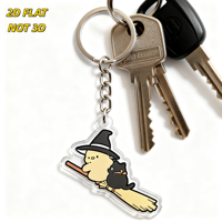 Porte-clés en acrylique « Witch Chick & Black Cat on Broomstick » au design Halloween, pendentif découpé transparent avec anneau métallique pour clés ou sacs