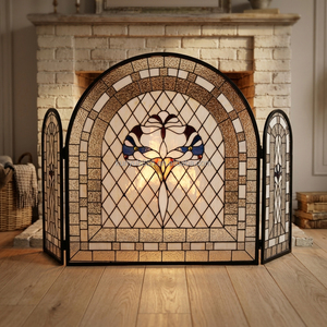 Écran de cheminée en vitrail, 3 panneaux, design baroque, décoration traditionnelle, couleur bleue, forme rectangulaire, décoration artistique, 110*70CM - Product Image 3