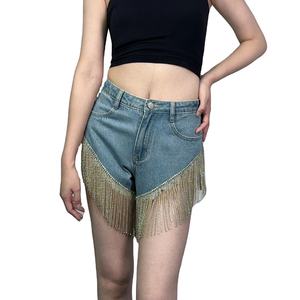 Shorts de mezclilla de cintura alta para mujer, diseño personalizado con borlas, cómodos para el verano - Product Image 1