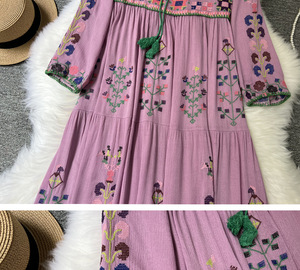 Robes personnalisées pour femmes, robe longue élégante <span class=keywords><strong>bohème</strong></span>, art rétro, <span class=keywords><strong>style</strong></span> ethnique, robe à fleurs brodée, col rond, laçage, robe ample - Product Image 6