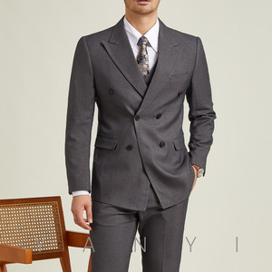 Conjunto de traje de lana barato para hombre, chaqueta de doble botonadura, pantalón frontal plano, trajes de solapa con visera para hombre - Product Image 1