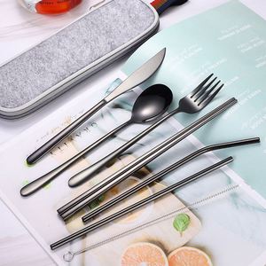 Light Luxury Stainless Steel Silverware Flatware 5pcs Portable Spoon Forktravel Gold Cutlery Dinnerware Set With Storage Bag - Product Image 3