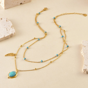 Collier de clavicule elliptique turquoise pour femmes en acier inoxydable plume plaqué or classique collier en couches Style pour cadeau - Product Image 1