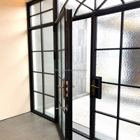 Porte battante double à arche française, quincaillerie en laiton, cadre étroit, grille en aluminium, cloison en verre, étanche, pour entrée extérieure et salle de bain