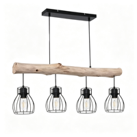Suspension linéaire industrielle 4 lumières en bois, abat-jour en cage métallique à branches naturelles, lampe suspendue LED, garantie 2 ans, usage intérieur