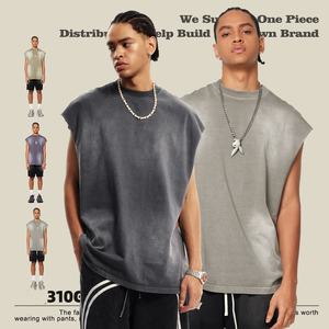 Wholesales Sleeveless Sport <b>Vest</b> 310g 100% Cotton Athletic Men Tank <b>Top</b> Washed Loose Edge Crop Tank <b>Top</b> - Product Image 3