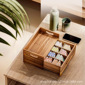Wooden Desktop Storage <b>Box</b> With Drawer Compartmentalized Organizer For <b>Tea</b> Bags And Office Supplies Rectangle Acacia Wood - Product Image 3