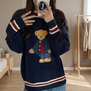 Pull-over en maille style japonais pour femme, automne-hiver 2024, motif ours, oversize, Harajuku Kawaii, tricoté, S 40-50KG - Product Image 3